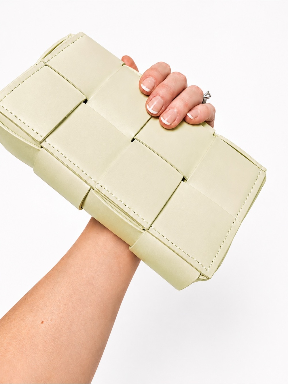 Pale Pistachio Woven Faux Leather Clutch Bag Magnetic Snap Mini Handbag